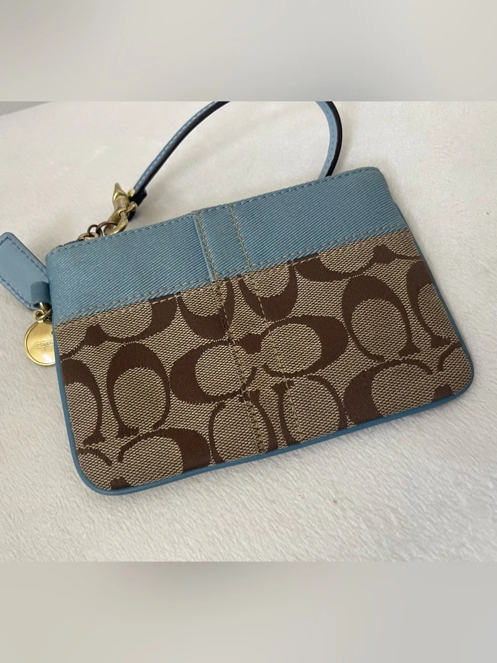 Coach Brown Signature Canvas Wristlet with Blue Trim